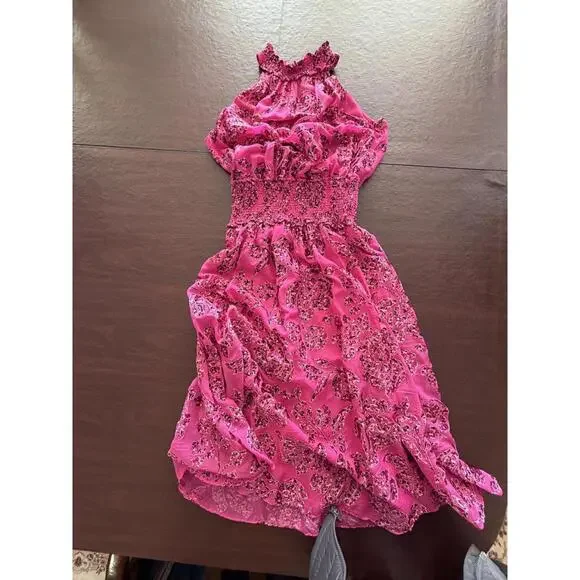 WHBM Pink Floral Applique Burnout Halter Smock-Neck Midi - Picture 3 of 11